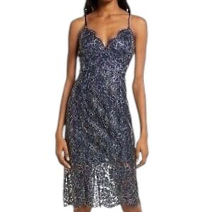 Chelsea28 Lace Dress Navy Blue Silver Sparkle Party Cocktail Midi Evening SZ M